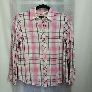 Talbots Shirt Pink White Plaid Preppy Girly Academia Long Sleeve Top Women's Sp